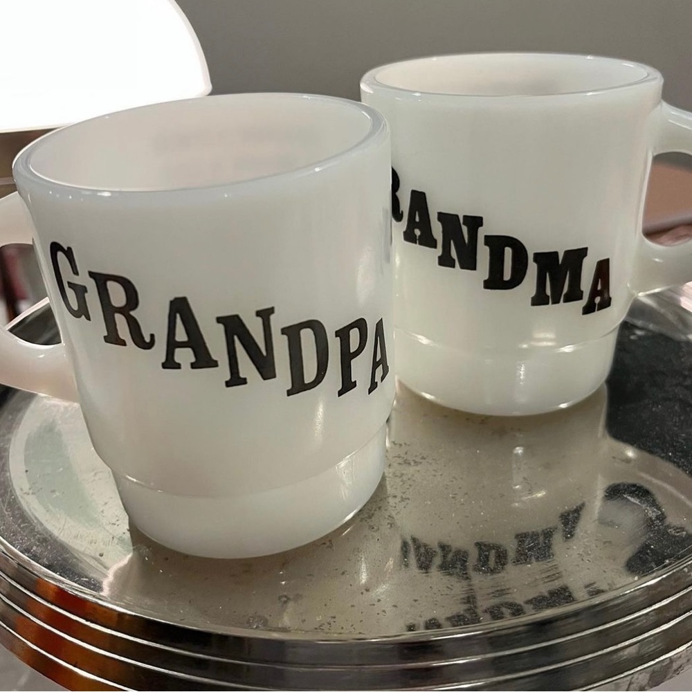 Vintage milkglass mugs by GALAXY. 
Grandpa and Grandma